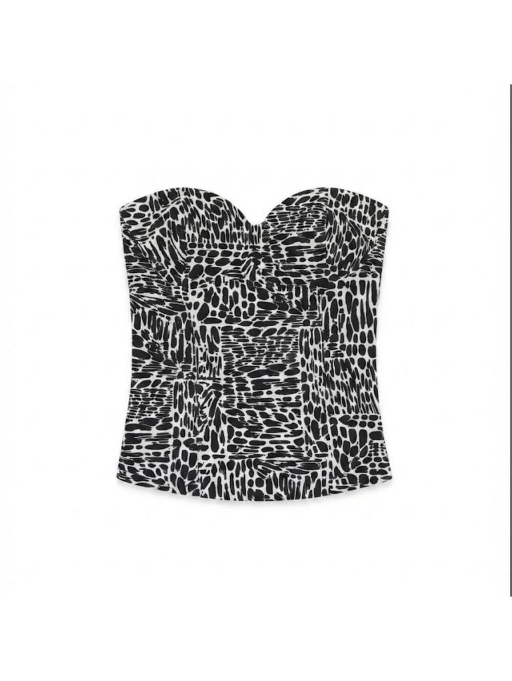 A'GACI Black & White Abstract Print Strapless Corset-Style Tube Top - Size Large
